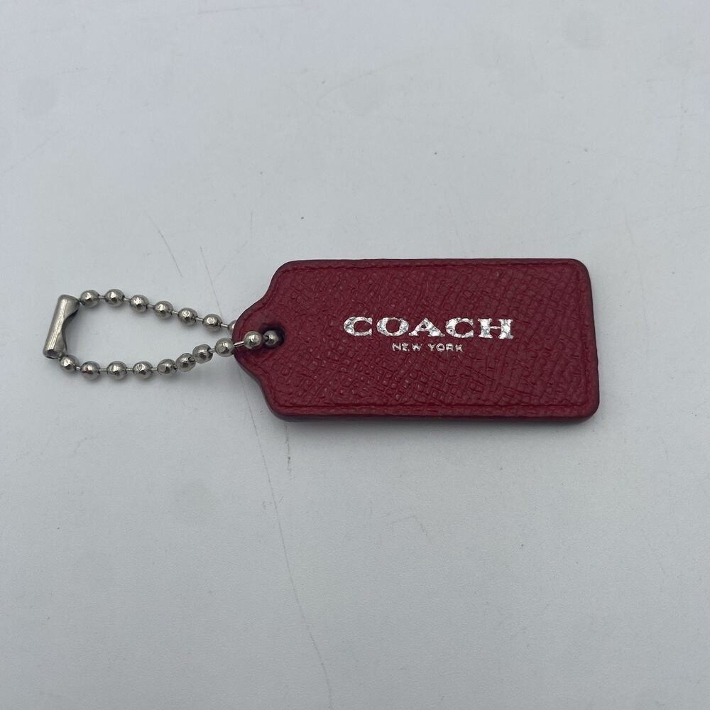 Coach Hang Tag Red Pebled Leather 2.25” X 1” Silver Logo & Branded Chain Charm